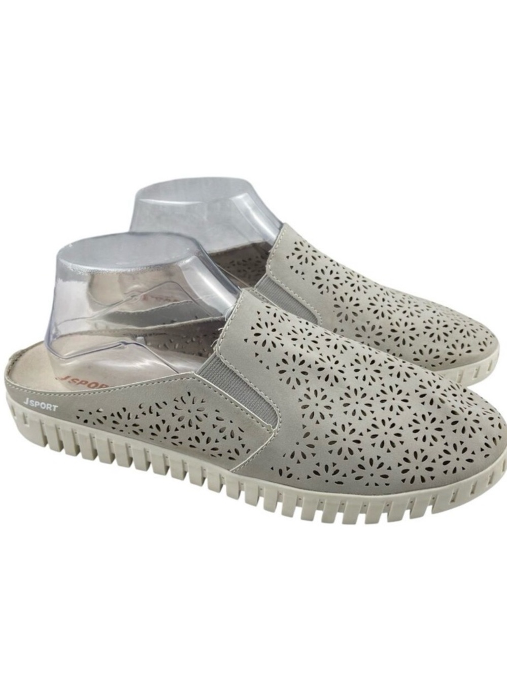 JSport Women's Perforated Slip-On Mules 10M Gray Floral Cutout Shoes Lightweight